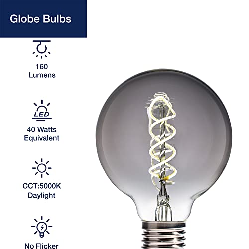 Flsnt 5000K Daylight Led Edison Bulbs, G25 Globe Decorative Led Spiral Filaments Light Bulbs, 40W Equivalent, E26 Base, 160Lm, Cri90, Smoky Grey Glass Finishing, 6 Pack (White Lighting) #TOP1