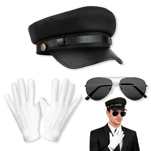 3 Pièces Accessoires de Costume de Chauffeur, Accessoires de Costume de Chauffeur Fantaisie, Chapeau Noir, Lunettes de Soleil, Gants, Ensemble de jeu de Rôle pour Fête pour Cosplay Fête à Thème