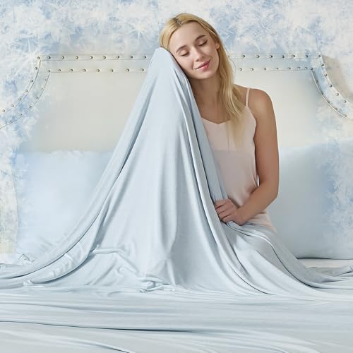 Image of CHOSHOME Cooling Blanket for Hot Sleepers - Summer Blanket Thin Soft Lightweight Breathable Double Side Enhanced Cooling for Hot Flashes, Night Sweats, Bed, Couch (Ice Blue, 96 x 102 inches)