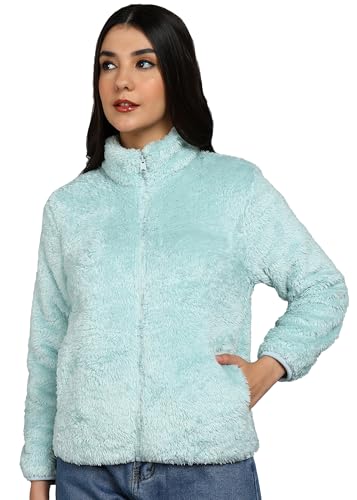Image of Alan Jones Clothing Women's Fluffy Yarn Fleece Full-Zip Jacket | Soft Lightweight Warm Outerwear with Stand Collar & Piping at Hem & Cuffs