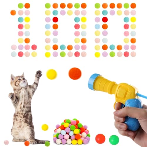 PUERFOCA 102 Stück Interaktives Katzenspielzeug Set, Ball Launcher mit Plüsch Spielzeug Bälle, Indoor Spielzeug für Katzen und Kätzchen, Training Katzen