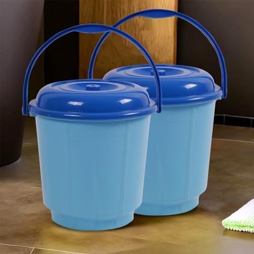 Image of Kuber Industries Pack of 2 Bucket | Balti for Bathroom | 18 Liter Bucket for Bathroom | Plastic Bucket for Daily Use | Bucket with Lid & Handle | Water Storage Bucket | Bathroom Bucket | Blue