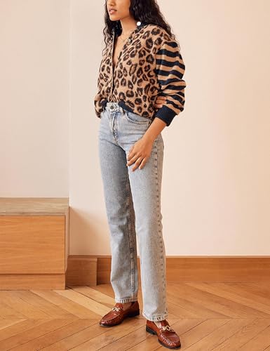 Women's Leopard Striped Cardigan Open Front Color Block Button Down Knit Sweater Fall Cropped Coat4