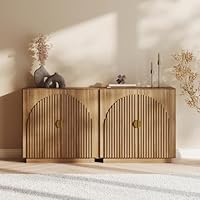 BELLEZE Set of 2 Modular Fluted Sideboard Buffet Cabinet with Storage, Mid-Century Modern Console Table with Symmetrical Arched Doors, Credenza for Dining Room, Kitchen and Living Room, Caramel Brown