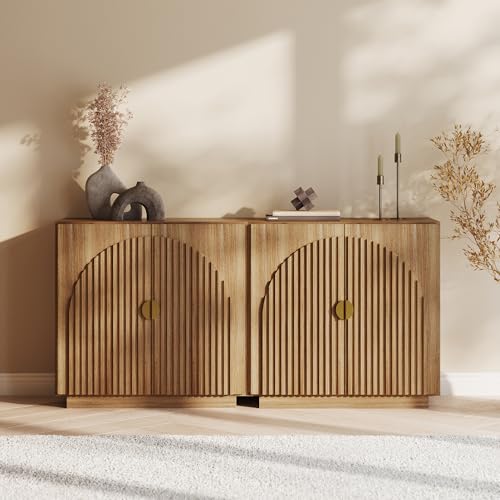 Image of BELLEZE Set of 2 Modular Fluted Sideboard Buffet Cabinet with Storage, Mid-Century Modern Console Sideboard with Symmetrical Arched Doors, Credenza for Kitchen and Living Room, Caramel Brown