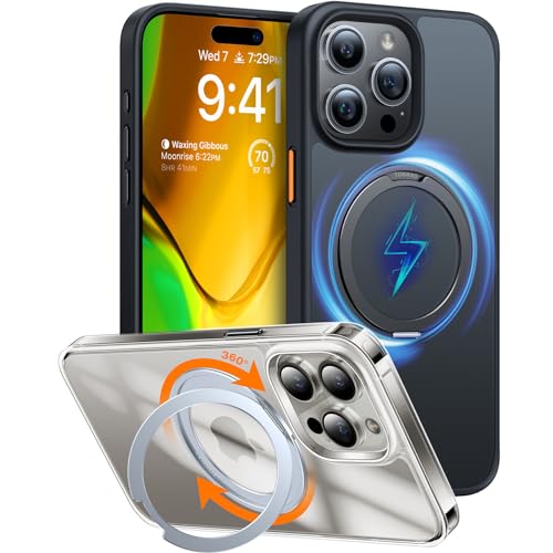 TORRAS 360°Rotatable Ring for iPhone 15 Pro Case, Compatible with MagSafe 15 Pro Case with Stand Translucent Slim Protective Ring Holder Military Grade Shockproof Cover for 15 Pro 2023, Black