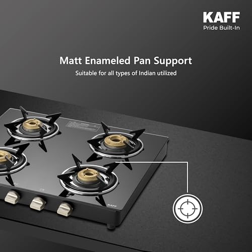 Image of KAFF CTC 63 4B Gas Stove /Cooktop 4 Burners with Manual Ignition 63 CM, High Efficiency Brass Burners, Black Tempered Glass, Enamelled Pan Support (Black)