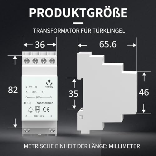 YJYUIU BT8 Klingeltrafo Türklingel 8V 12V 24V - Klingeltransformator für max. 8VA Türklingel Gong - passt auf genormte Hutschiene