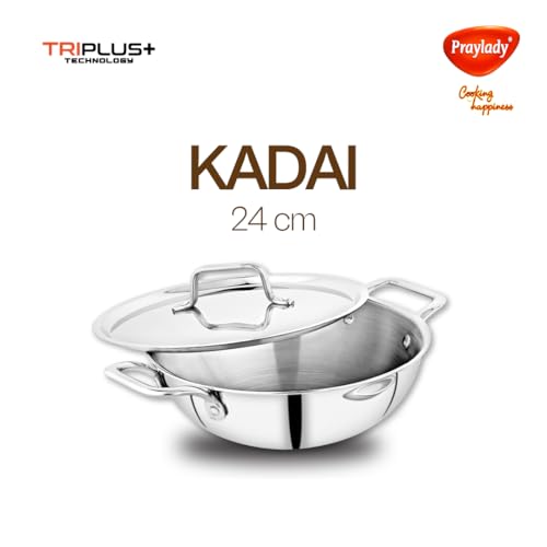 Image of Praylady TRIPLUS 5-Piece Triply Cookware Set | 24cm Kadai+24cm Lid+22cm Frypan+16cm Saucepan+16cm Lid | Triple-Layered Stainless Steel-Aluminum | Induction & Gas Compatible