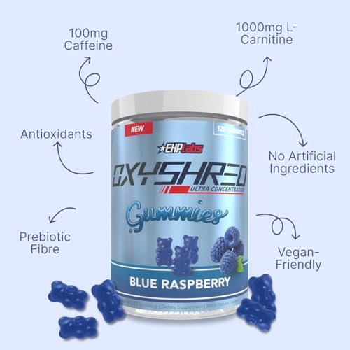 Image of EHP Labs OxyShred Gummies - Pre Workout Gummies & Energy Chews with 100mg Caffeine, L-Carnitine for Thermo & Metabolic Support, All Natural Energy Boost - Blue Raspberry - 60 Servings