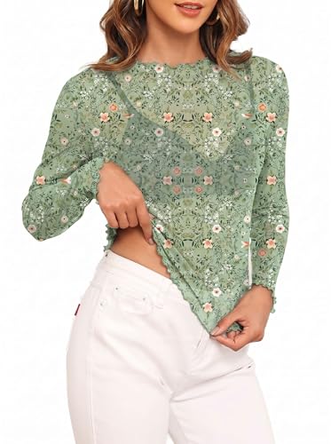 YVH Womens Sheer Mesh Tops Long Sleeve Floral Blouse Stretchy See-Through Shirt for Daily Layering, Casual, Concert & Party, Floral Printed Emerald Green Finch M