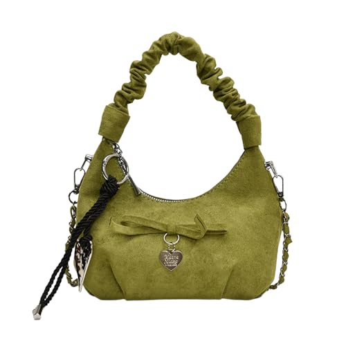 Slouchy Shoulder Bag Y2k Bow Suede Hobo Handbag for Women Cute Heart Charm Retro Underarm Purse with Ruched Handle Fall