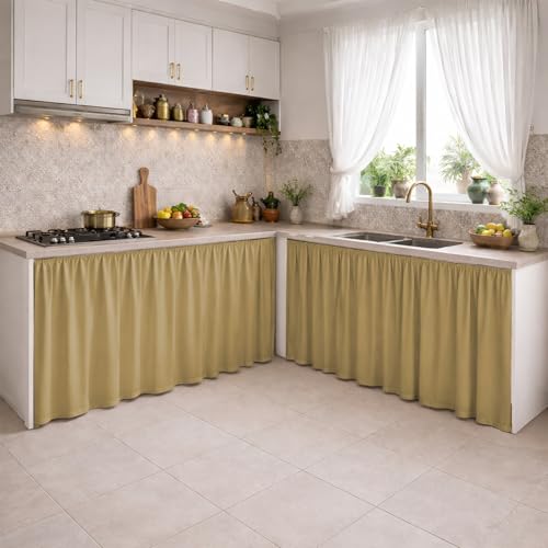 Image of LINENWALAS Under Sink Curtain for Kitchen - Pack of 2 | 132x71 cm Polyester Under-Sink Cover | Washable Storage-Hiding Curtain with Rod Pocket | Kitchen & Bathroom Cabinet Cover (Golden Beige)
