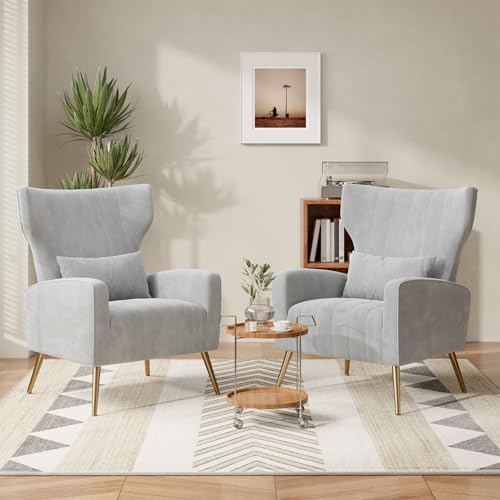 Hawthyhome 2er-Set Relaxsessel/Einzelsofa/Fernsehsessel/Ohrensessel mit Kopfkissen und Gold Metallfüßen aus Samt bis 130kg Schlafzimmer Wohnzimmer Gray
