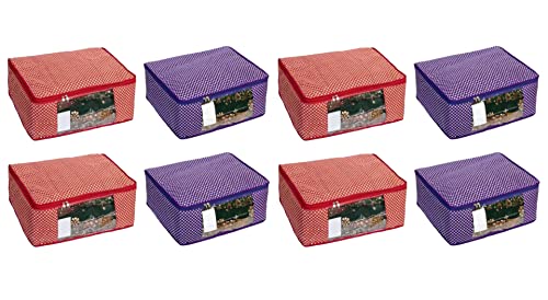 Image of Cotton Bag | Dress Set | Cotton Saree Cover Closet Orgnizer /Saree Bags for Wardrobe Orgnizer Clothe Covers | Saree Organizer Bag with Transparent Window Set (Pack of 8, Red + Purple)