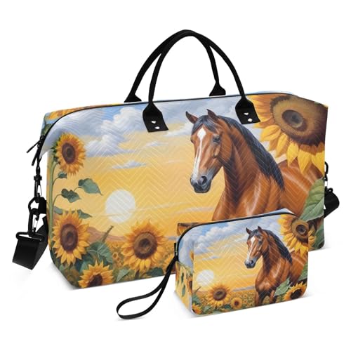 Large Travel Duffel Bag, Sunflower Horse Sports Tote Gym Bag, Shoulder Weekender Overnight Bag for Women Men, Carry On Luggage with Toiletry Bags