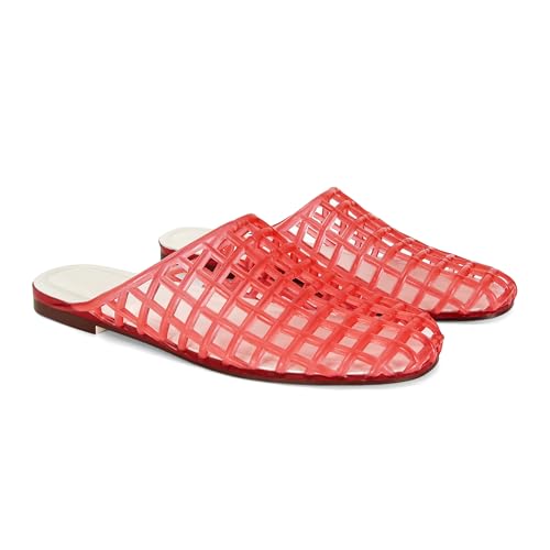Image of Women's Red Jelly Mesh Slides, Comfortable Flat Slip On Sandals, Casual Summer Beach Slippers