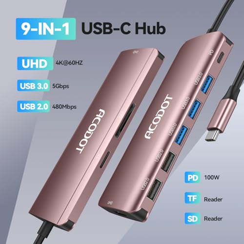 Image of USB C Hub, Acodot 9 in 1 USB C to 4K@60HZ HDMI Multiport Adapter, 3 USB 3.0 Ports, SD /TF Card Reader, 100W PD, USB C Hub Multiport Adapter Desigend for MacBook Pro Air HP XPS etc, Rose Gold