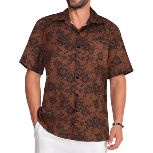 Hawaiian Shirt for Men Short Sleeve Floral Button Down Tops Summer Beach Outfit with Pocket(Orange Print, M)
