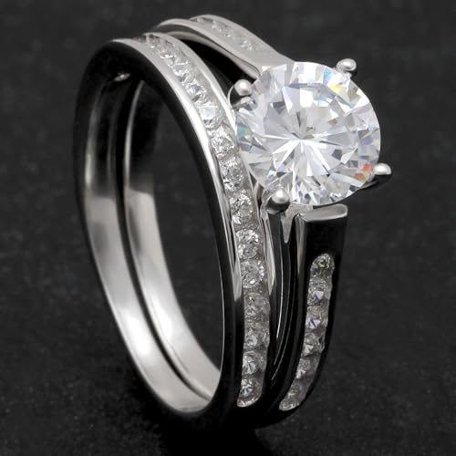 Victoria 2 Ct Wedding Ring Set for Women by Ginger Lyne | Sterling Silver Solitaire Engagement Ring Matching Anniversary Band for Her | Hearts and Arrows Cubic Zirconia Bridal Jewelry3