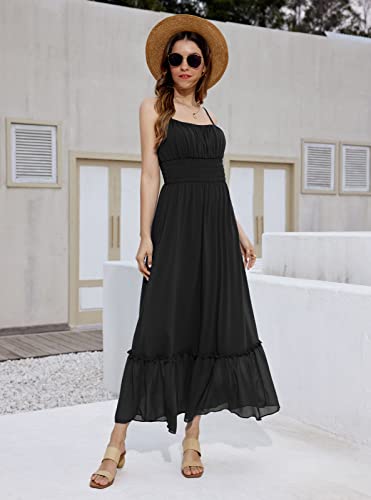 Grace Karin Women Ruffle Dress Summer Casual Bohemian Cami Long Dress Smocked Waist Sleeveless A Line Beach Maxi Dress With Pockets Black Xl #TOP4
