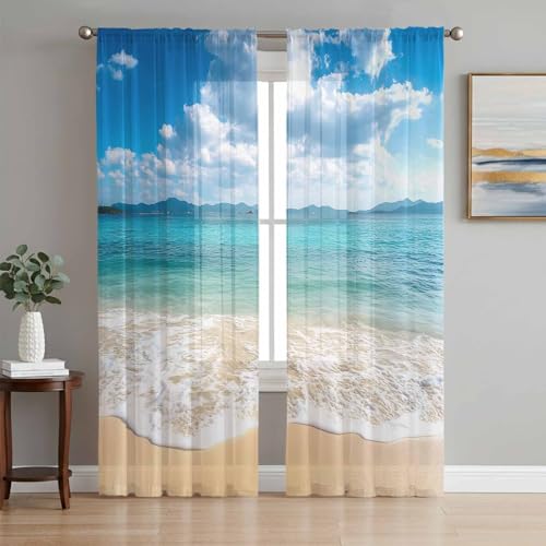 Xacozeein Summer Ocean Beach Wave Sheer Curtains for Living Room