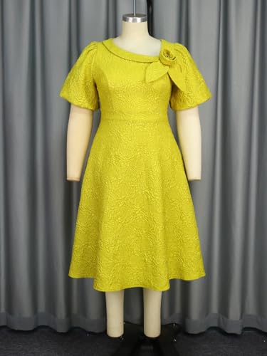 Image of AOMEI Women's Irregular Neck with Flower Short Puff Sleeve High Waist A-Line Jacquard Dress
