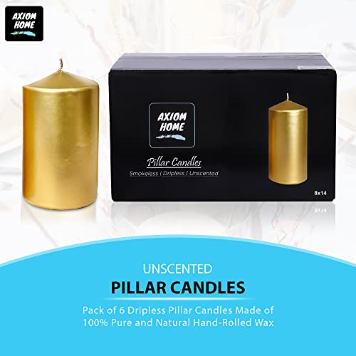 Axiom – Pack Of 6 Unscented Pillar Candles, Long 89 Hours Burn Time - Smokeless Candles – Perfect For Weddings, Home Décor, Anniversaries, Christmas And Dinner Dates (3.15 X 5.50 Inches, Golden) #TOP2