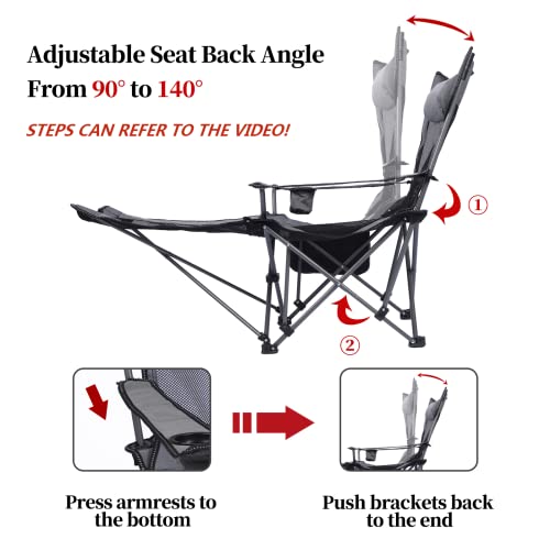 Kefomol Camping Lounge Chair, Portable Reclining Camping Chair, Folding Camping Chair With Footrest,Headrest & Storage Bag,Mesh Recliner With Backpack, 300Lbs Weight Capacity (Gray) #TOP2