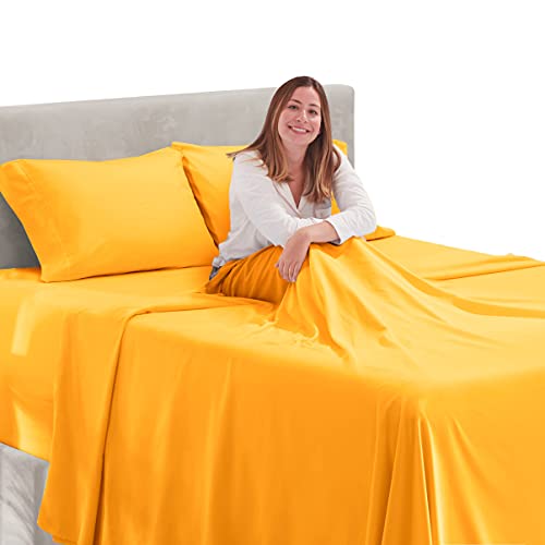 Image of Hearth & Harbor Extra Deep Pocket Sheets - 4 Piece Hotel Luxury Sheet Set Fits Up to 24 inch Mattress - Ultra Soft Luxury Bed Sheet Set - Soft & Breathable - Twin XL, Yellow