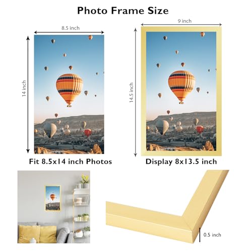 Image of JCJMY 8.5x14 Picture Frame Gold for Wall Hanging, Wall Mounting Horizontally or Vertically, 8.5 x 14 Wall Gallery Poster Photo Frame with Shatter Resistant Plexiglass, Gold
