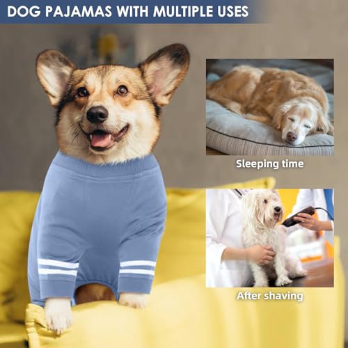 Katzinst Hunde Body,Hundekleidung Kleine Hunde,Kragen und Bündchen aus Rippstrick, Weich Atmungsaktiv Warmer Hundepyjama für Alle Jahreszeiten,Weißer Hundebody mit Doppelten Streifen,Haze-Blau M