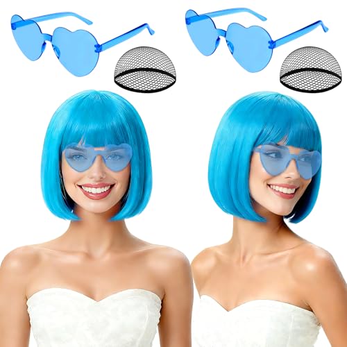 Image of 2 Pack Blue Bob Wigs with Heart Sunglasses for Women Men, Colorful Neon Bob Wig with Black Hair Cap for Christmas Halloween Party Bachelorette Photography Music Festival Princess Party