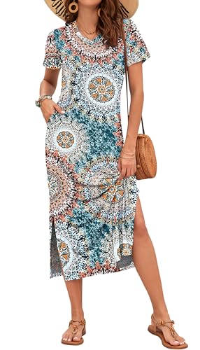 AUSELILY Damen Sommer Kurzarmkleid Leichten - Damen Maxi Schlitz Elegant Kleider Grün Drucken L