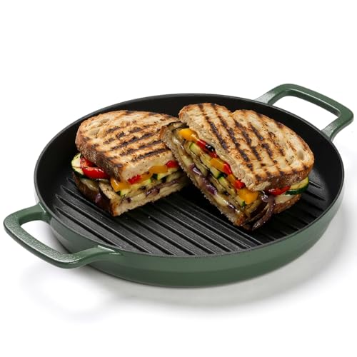 Image of Ember Cookware Pre-Seasoned Cast Iron Grill Pan 26 cm | 10-Year Warranty | Heavy Duty Induction Cookware | Cast Iron Cookware | Non-Toxic Tandoor Grill Pan for Kebab, Vegetables & Sandwich | Green