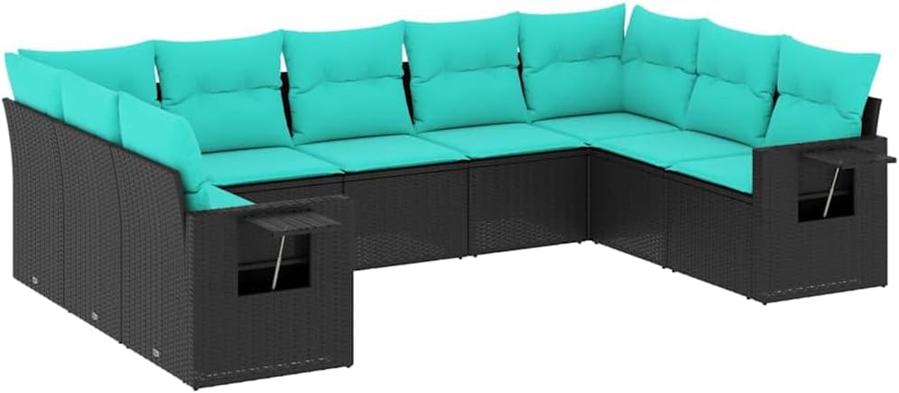 vidaXL Patio Sofa Set - 9 Piece Black Poly Rattan Outdoor Furniture with Cushions, Foldable Side Tables, Modular Design for Garden Terrace Deck