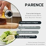 PARENCE.- Butelka oleju 200 ml z nakrętką do nalewania - Dozownik ze szkła i stali nierdzewnej - Pojemnik na olej, ocet, sos - 6,5x6,5x12,5 cm - Precyzyjne nalewanie bez kapania