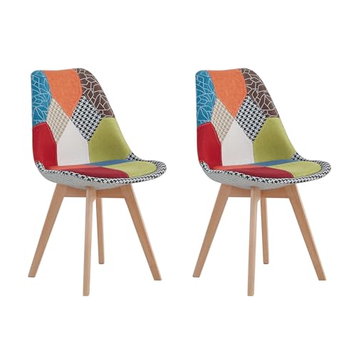 HJhomeheart Lot de 2 Chaises de Salle à Manger en Tissu Patchwork avec Pieds en Bois Massif, Rembourrées pour Salle à Manger, Salon et Cuisine (Rouge-Neuf)