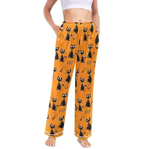 CHIFIGNO Pantalones de pijama para mujer, pierna ancha, pantalones sueltos, pantalones de pijama para mujer con bolsillos, Gatos negros de dibujos animados, M