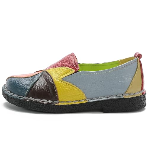 Image of Trsorini Women Leather Loafers Slip-on Casual Flat Shoes | Soft sole comfortable slip on flats,multi color stitching design,driving walking casual daily dress occasions wear