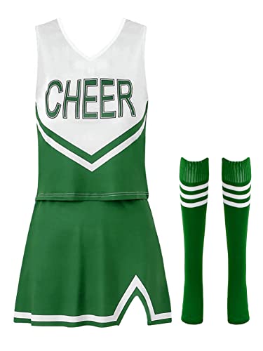 CHICTRY Femme Déguisement Pompom Girl École Secondaire Football Costume High School Musical Ensemble 3 Pièces Crop Top Col Rond et Mini Jupe Courte et Chaussettes S-XL Vert S Cover
