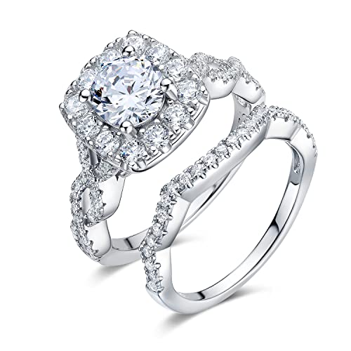 TIKJE Two/Three-in-One Halo Rings Set 925 Sterling Silver Engagement Promise Rings Eternity Bands for Women Bridal Rings Pack of 2/3 Rings Size 6-8