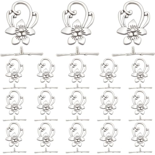 SOFPLATE 1 Box 40 Sets Toggle jewellery Clasps Silver Flower Toggle Clasp Bulk Antique Alloy T-Bar Closure Connectors Bracelet Clasp for jewellery Making Pendants Bracelet Necklace Earring DIY Crafts