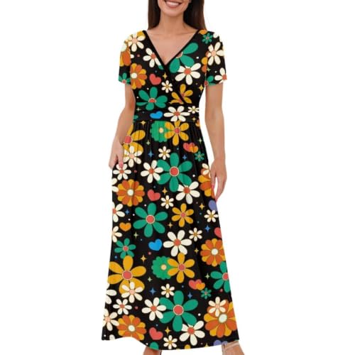 Image of Women's Fall Summer Short Sleeve Ankle Length V-Neck Party Dress with Pockets Size S-3XL