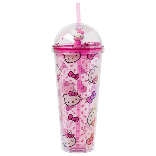 Image of Silver Buffalo Sanrio Hello Kitty Pink Polka Dots and Bows Dome Glitter Top Travel Tumbler, 24 Ounces