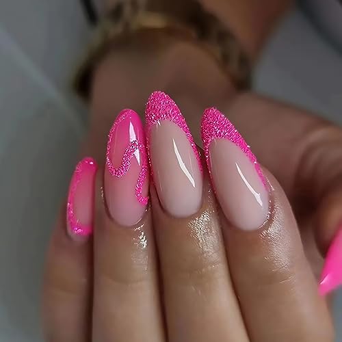 Hot Pink Gradient French Tip Press on Nails Medium Almond Fake Nails Pink Glitter Designs False Nails Full Cover Stick on Nails Reusable Acrylic Artificial Nails Glue on Nails for Women 24Pcs