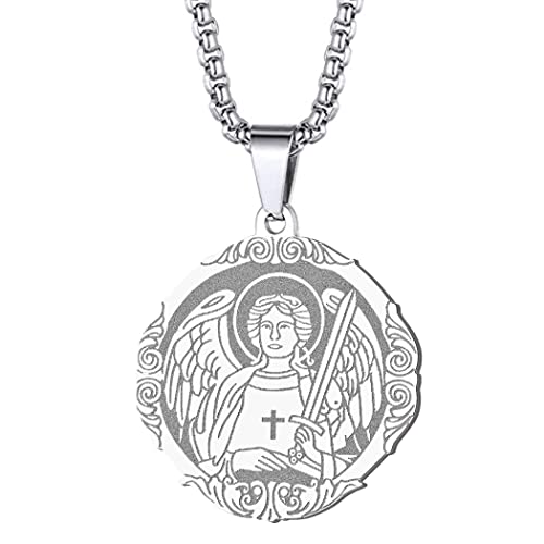 Collar de San Cristóbal con colgante de San Miguel Jorge Bárbara para mujeres y hombres, el sello de los siete arcángeles, cadena de medalla religiosa, Acero inoxidable, Sin piedras preciosas Cover