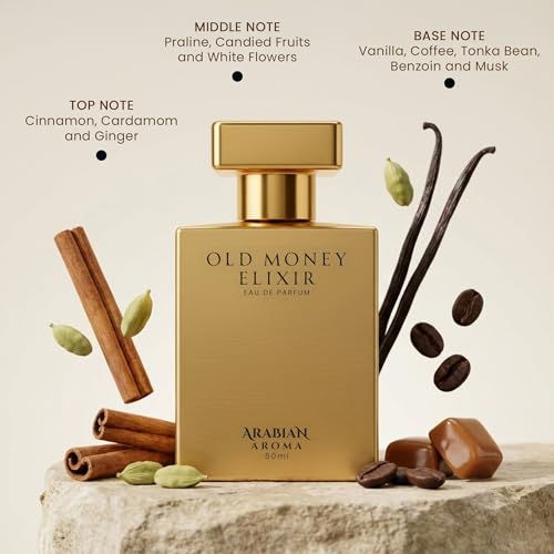 Image of Arabian Aroma Old Money Elixir Eau de Parfum, Warm Vanilla, Coffee & Spice Long Lasting Luxury Perfume, 50ml.