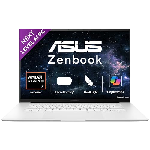 Image of ASUS Zenbook S16, AMD Ryzen AI 7 Octa Core 350, 24GB,1TB,16 inch Touch Screen, 3K OLED, Windows 11,M365 Basic(1Yr)*,Office24,Scandinavian White,1.5 Kg,UM5606KA-RJ108WS,Next-Gen AI Laptop,Copilot+