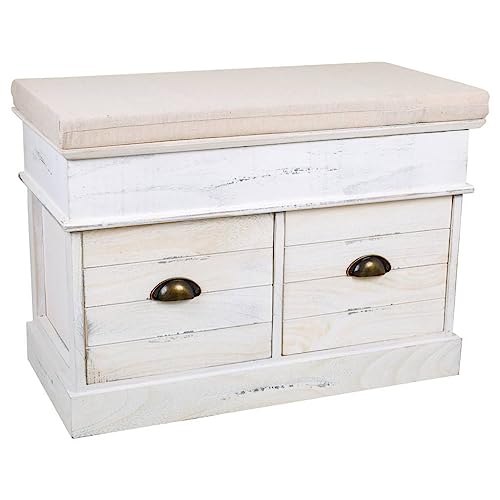 Banqueta Baul De Madera Lac Blanco Envejecido De 2 Cajones
